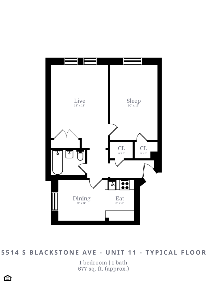 Floor plan for 1 bed, 1 bath, 677 sqft
